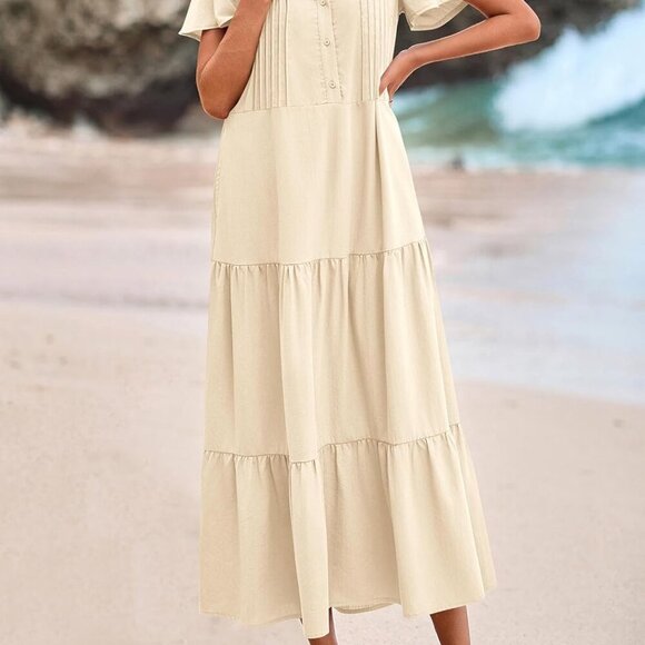 Summer Maxi Dresses for Women 2025 Spring Fashion Short Sleeve Button V Neck Ple - Picture 4 of 8